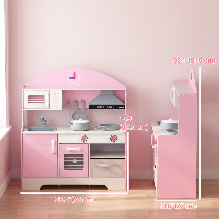 Qaba Wooden Play Kitchen Set for Kids with Real Lights, Sounds, Pretend Toy Play Kitchen Playset with Microwave, Stove, Sink, 5PCs Accessories