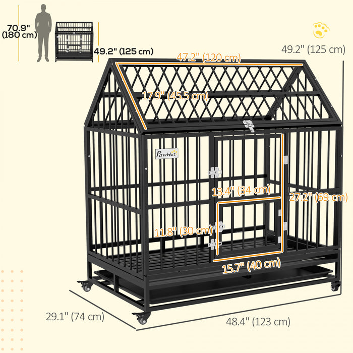 Pawhut 49\" Heavy Duty Dog Crate, Metal Dog Kennel Cage With Openable Roof, Removable Tray, Doors, Wheels For Large And Extra Large Dogs, Black