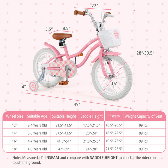 Costway 16\" Kids Bike Toddler Adjustable Bicycle With Training Wheel For 4-7 Years Old Girl Pink