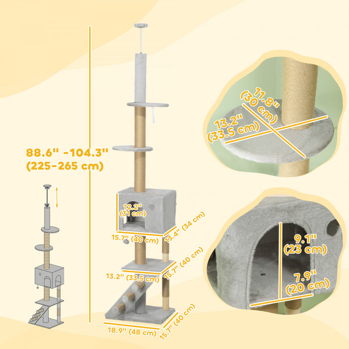 Pawhut Floor To Ceiling Cat Tree For Large Cats Adult, Cat Tower Adjustable Height 89\"-104\" W/ Scratching Post, Cat House, 3-steps, Hanging Ball, Perches, Anti-tip Kit, Light Grey