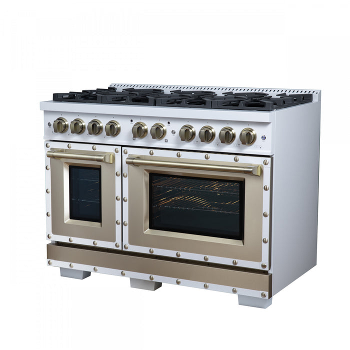 Forno Ambassador 48\" Dual Fuel Range, White, 8 Sealed Burners, 6.7 Cu.Ft. Ovens - FFSGS6199-48CPWHT