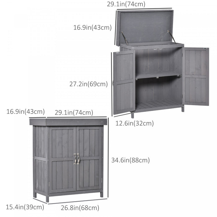 Outsunny Wooden Garden Storage Shed With Hinged Roof And 2-tier Shelves, Outdoor Tool Storage Shed Kit With Double Doors, 29.1\" X 16.9\" X 34.6\", Dark Grey