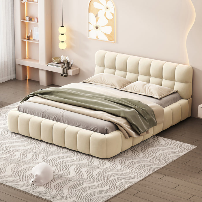 Jessica Upholstered Platform Bed with Comfortable Linen Fabric and Sturdy Frame,Queen Size,Beige Queen Bed
