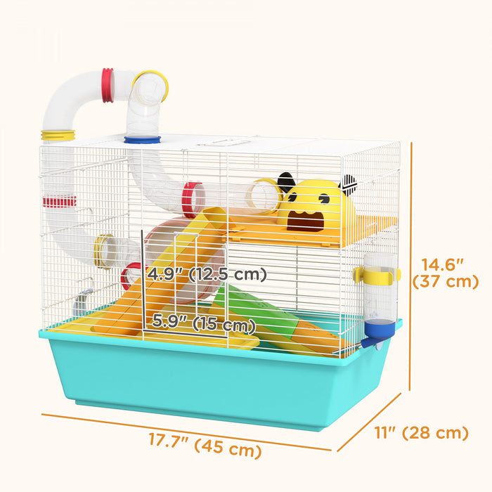 PawHut Hamster Cage 3 Tiers Small Animal House for Dwarf Hamster Gerbil Cage with Complete Tunnels, Water Bottle, Exercise Wheel, Food Dish, Ramps, Hut, 18\" x 11\" x 15\", Light Blue