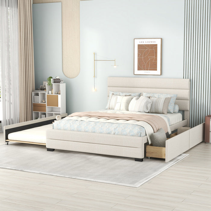 Sophie Linen-look Fabric Upholstered Platform Bed With Trundle And Storage Drawers, Queen Size, Beige