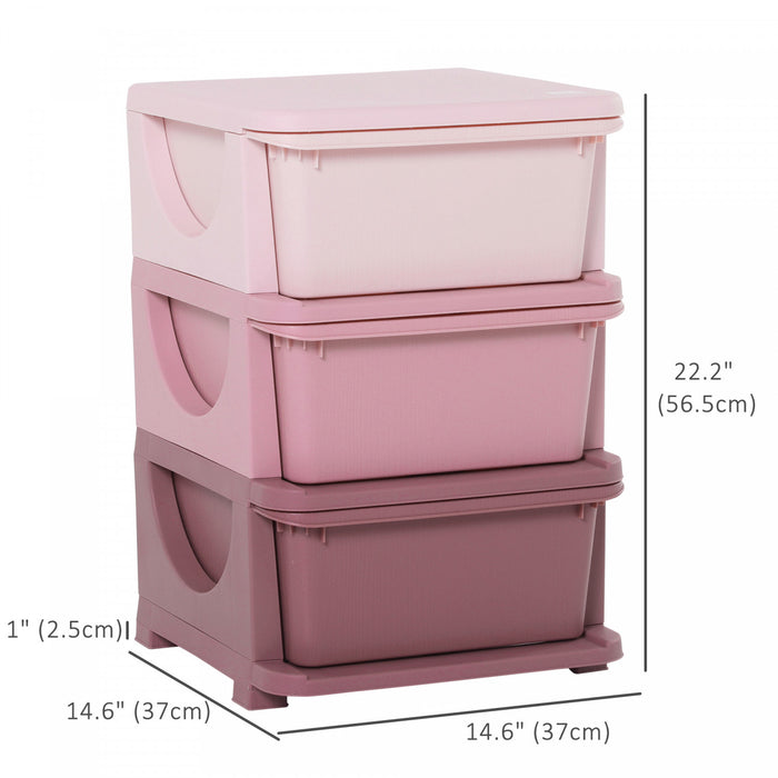 Qaba Kids Toy Storage Organizer With 3 Plastic Bins, 3 Tier Drawer Chest Utility For Kids Bedroom Nursery Kindergarten Living Room For Boys Girls Toddlers, Pink