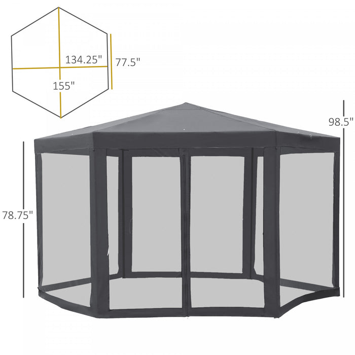 Outsunny Φ13' Hexagon Party Tent Patio Gazebo Outdoor Activity Event Canopy Quick Sun Shelter Pavilion With Netting Mesh Sidewall Dark Grey