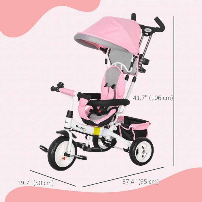 Qaba Toddler Tricycle, 6 In 1 Baby Bike Stroller With Foldable Canopy, Storage Basket, 5-point Safety Harness, Kids Trike For 1-5 Years Old, Pink