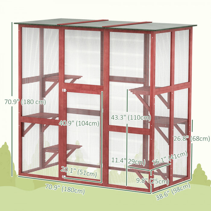 Pawhut Large Outdoor Catio Enclosure, Weatherproof Cat House With Asphalt Roof, Wooden Cat Patio Cage With 6 Balanced Platforms, 71\" X 39\" X 71\", Wine Red