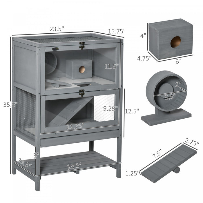 Pawhut Wooden Hamster Cage, Mice Rodent Small Animals Kit Hutch, 2-tier Exercise Play House, With Storage Shelf, Sliding Tray, Seesaw, Running Wheel, Lockable Roof, 23.5\" X 15.75\" X 35.5\", Grey