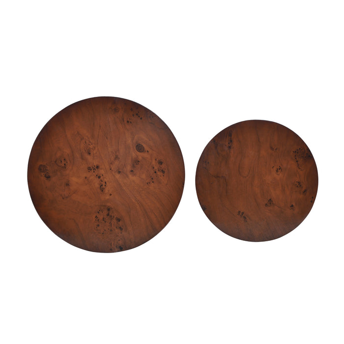 Kinley Set of 2 Modern Round Nesting Coffee Tables, Burl Veneer Cylinder Side Table Set, Brown