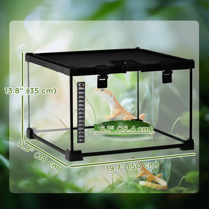 PawHut Glass Reptile Terrarium, 12\"x12\"x8\" Jumping Spider Enclosure with Thermometer, Water Basin, Full View Visually for Lizards, Horned Frogs, Snakes, Spiders - Black