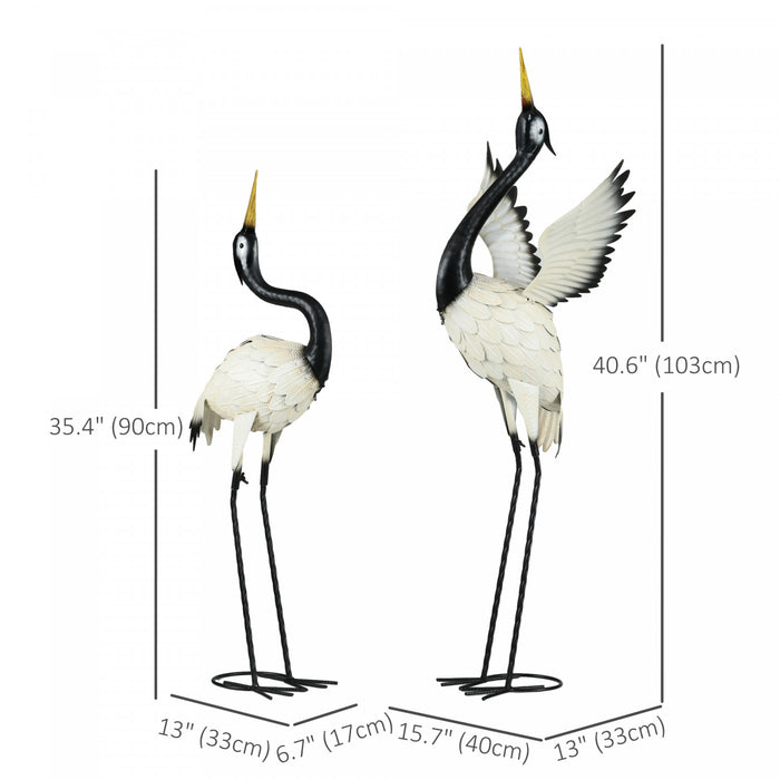 Outsunny 2pcs Heron Garden Statues Metal Yard Art Bird Sculptures, White