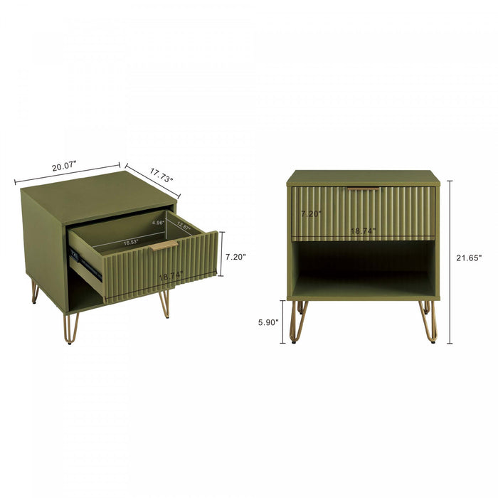 Dumbo Modern 20\" Fluted Nightstand in Olive Green (1-Drawer) - Set of 2