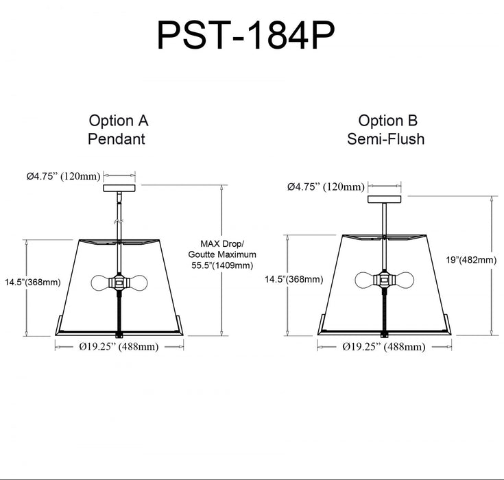 Dainolite Preston 4 Light Pendant 19\" Dia Aged Brass Black Fabric Shade Lamp