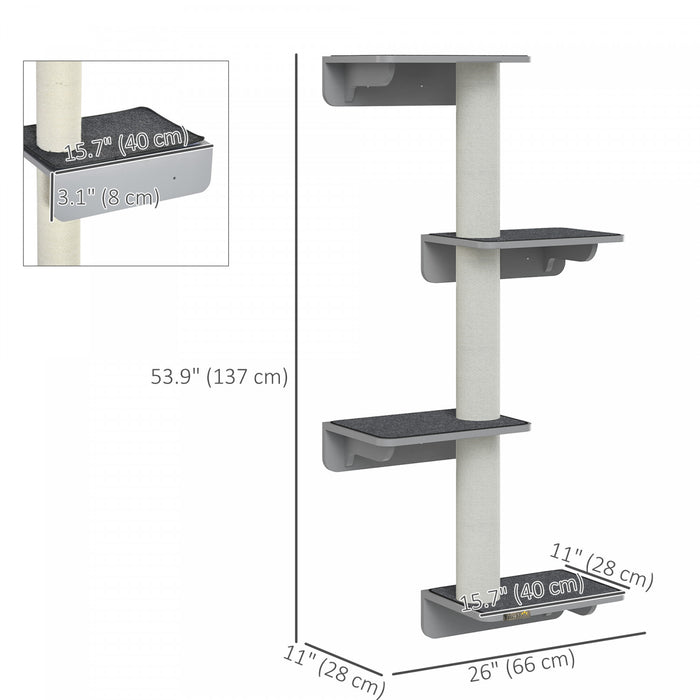 Pawhut Cat Wall Climber With 4 Platforms & 3 Scratching Posts, Wall-mounted Cat Shelf For Climbing And Lounging, Includes Soft Mats, Light Grey