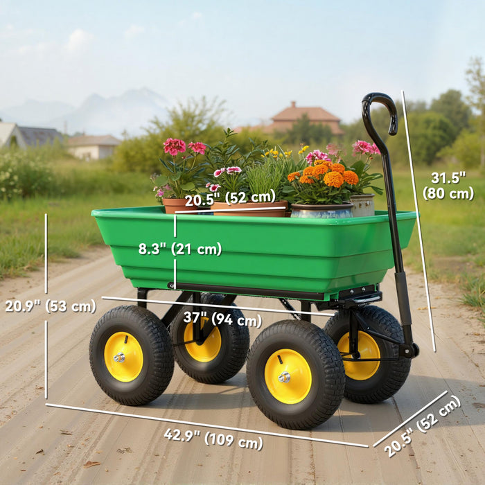 Outsunny Garden Dump Cart Heavy Duty 440lbs Wagon with Steel Frame and 10'' Pneumatic Tires, Green