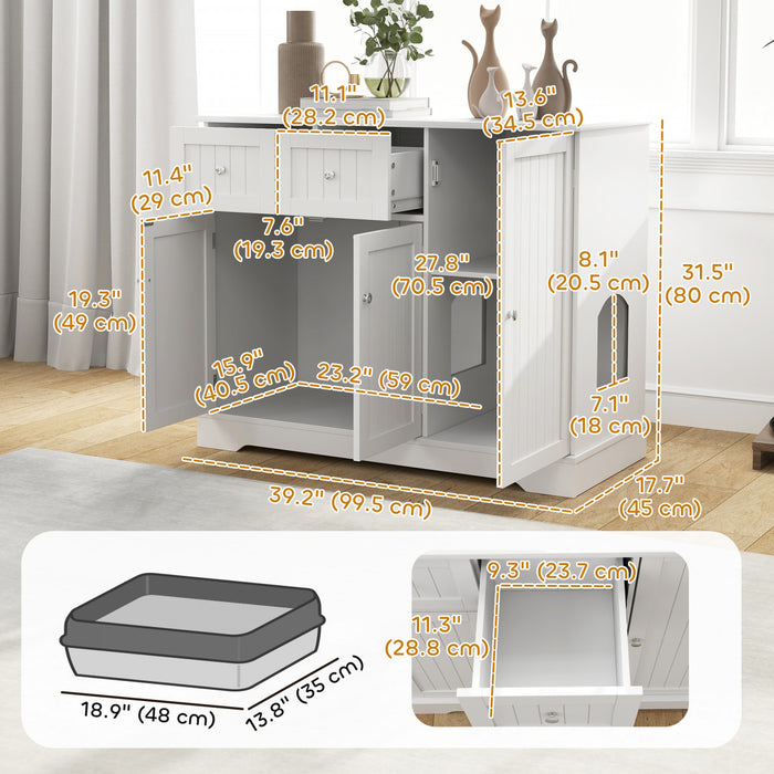 Pawhut Cat Litter Box Enclosure, Hidden Litter Box Furnitrue Indoor Cat House With Drawer, Storage, Anti-tip Kit, Cat Washroom For Living Room, Bedroom, White