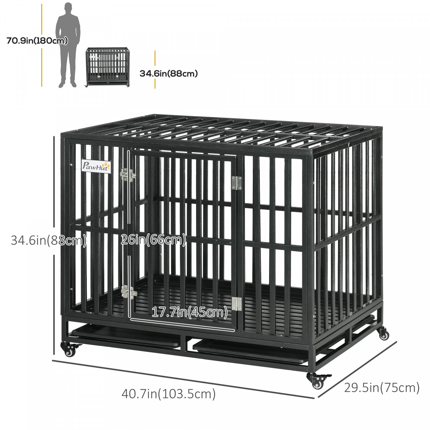 Pawhut Heavy Duty Steel Dog Crate Kennel Pet Cage With Wheels For