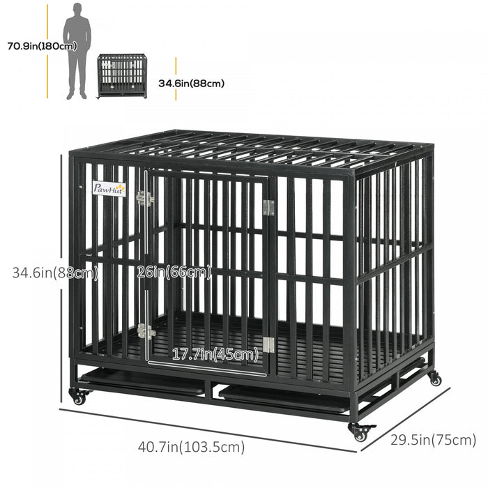 Pawhut Heavy Duty Steel Dog Crate Kennel Pet Cage With Wheels For Portability And A Door For Convenient Access Anti-pinching Floor, 40.7\"l X 29.5\"w X 34.6\"h, Black