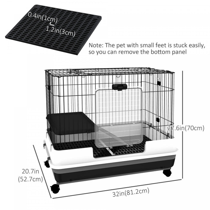 Pawhut 28\"h 2-level Small Animal Cage Rabbit Hutch With Universal Lockable Wheels, Slide-out Tray For Bunny, Chinchillas, Ferret, Black
