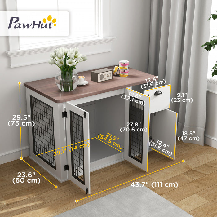 Pawhut Dog Crate Furniture, 44\" Dog Kennel Furniture With Double Doors, Storage, Drawer, Dog Cage For Medium Dogs, White