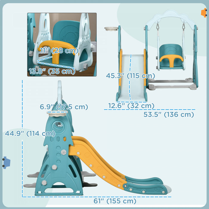 Qaba Kids Slide And Swing Set 3 In 1 Indoor Playground With Basketball Hoop, Adjustable Swing, Climber For Toddler, For Aged 1-3 Years, Light Blue