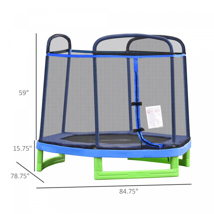 Outsunny 84.75\" Kids Trampoline 7 Ft Indoor Outdoor Trampolines With Safety Net Enclosure Built-in Zipper Padded Covering, For Boys And Girls, Blue