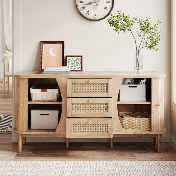 James 55.3\" Modern Minimalist Wood Cabinet with Sliding Doors and Adjustable Shelves,Natural Accent Cabinet