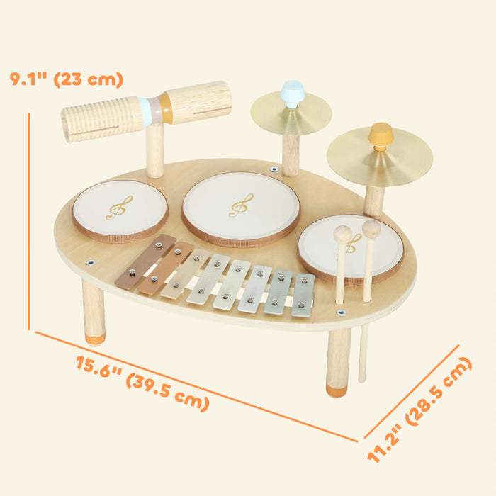 Qaba Toddler Drum Set, 4-in-1 Musical Instruments for Kids, Montessori Educational Toys with Drums and Xylophone for Ages 2+, Gifts for Girls Boys Birthday, Natural Wood