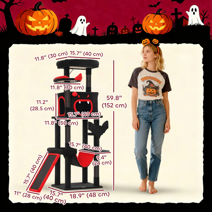 PawHut Gothic Cat Tree, 60\" Multi-Level Cat Tower for Indoor Kittens Large Adult with Coffin Bed, Sisal Scratching Posts & Ramp, Condo, Hammock, Perches, Dangling Toys, Black