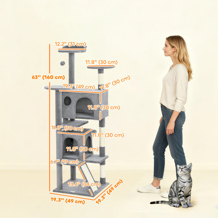 PawHut 63\" Cat Tree, Cat Tower for Indoor Cats with Scratching Posts, Cat Condos, Bed, Platforms, Ramp, Toy Ball, Cat Activity Center, Light Grey