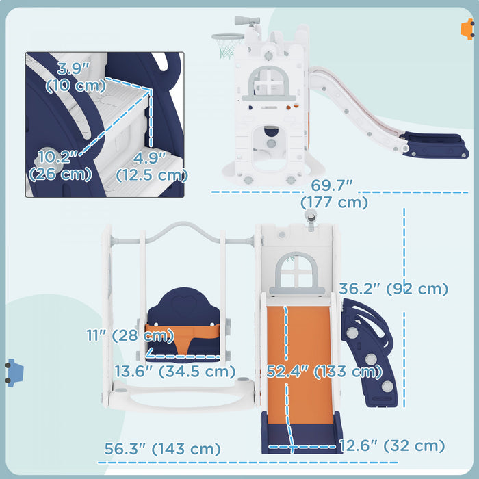 Qaba 6-in-1 Kids Slide and Swing Set with Telescope, Basketball Hoop, Climber, Baby Toddler Swing Set Indoor Playground with Storage Space, for Aged 1-3 Years Old, Orange