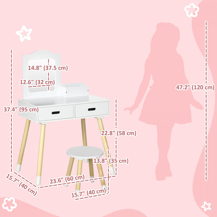 Qaba Kids Vanity Set with Mirror and Stool, Vanity Table and Chair Set with Drawers, Makeup Dressing Table for Children Aged 3-6 Years, White