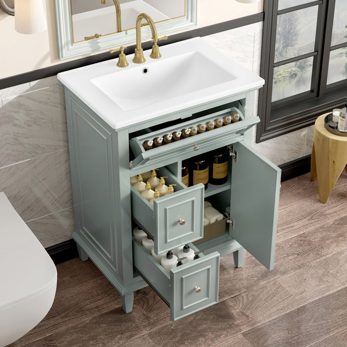 Vivo 24 Inch Single Sink Bathroom Vanity with Flip Drawer and Solid Wood Legs, Green