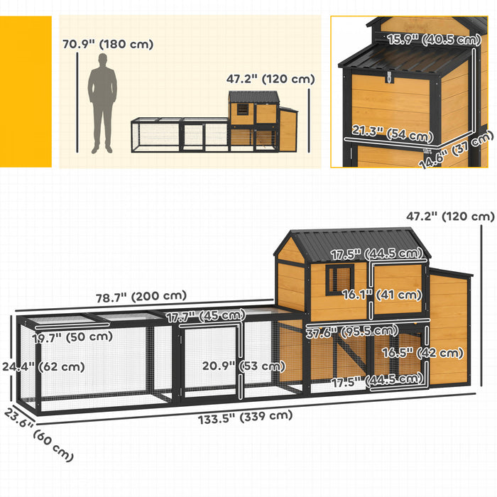 PawHut Large Chicken Coop, 134\"L Wooden Chicken House with Run, Nesting Box, Slide-Out Tray, Waterproof Roof and Ramp, Hen House Rabbit Hutch for 4-6 Hens, Rabbits, Yellow