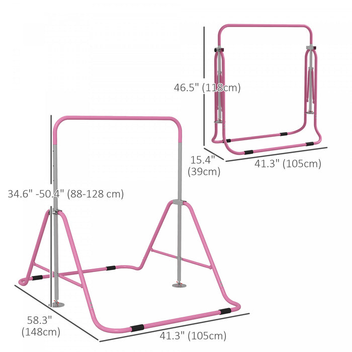 Qaba Gymnastics Bar For Kids, Foldable Gymnastics Equipment With Adjustable Height, Expandable Horizontal Kip Bar For Home Training, Pink