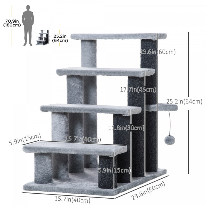 Pawhut Cat Stairs 4 Steps For Bed, Couch With Scratching Posts, Small Cat Tree For Indoor Cats With Toy Ball, 23.5\" X 16\" X 25\"