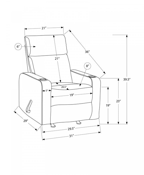 MONARCH SPECIALTIES 30\" WIDE UPHOLSTERED RECLINING CHAIR, MANUAL ROCKER, CUP HOLDERS. LIGHT GREY FABRIC RECLINER