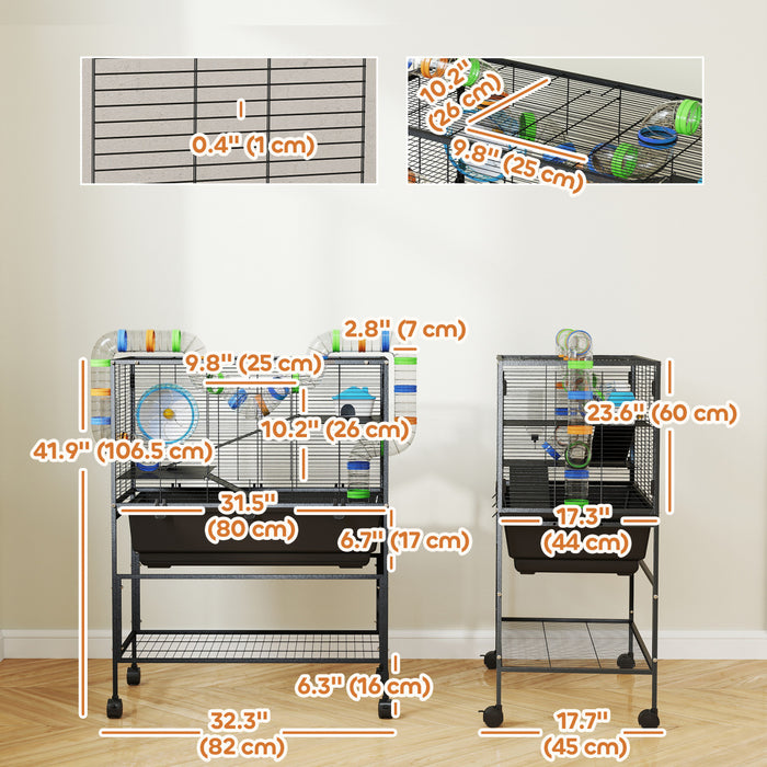 Pawhut Large Hamster Cage With 7\" Deep Tray, 3 Tier Rolling Gerbil Cage With Storage Shelf, Big Exercise Wheel, Tube System, Hut, Platforms, Ramps, For Syrian, Gerbil, Rat