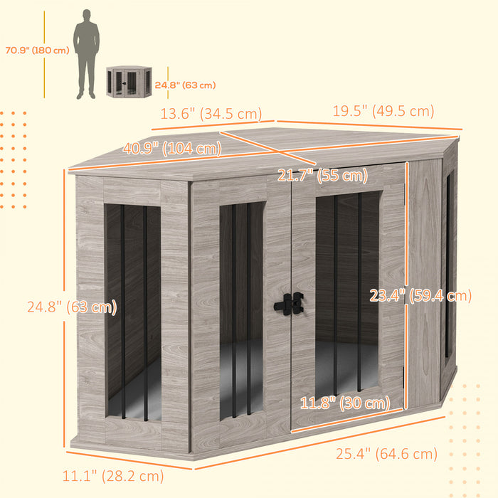 Pawhut 41\" Dog Crate Furniture, Corner Dog Crate End Table For Medium And Small Dogs, Indoor Dog Cage With Cushion, Door, Lock, Grey