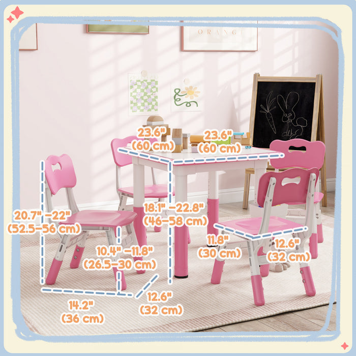 Qaba 5 Pieces Kids Table And Chair Set, Height Adjustable Toddler Table And Chair Set, Activity Table And Chair Set With Storage, For Playroom, Nursery, Classroom, Pink