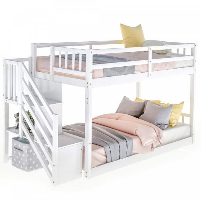Joanna Twin Floor Solid Wood Bunk Bed With Storage Ladder, Low Height Design, White