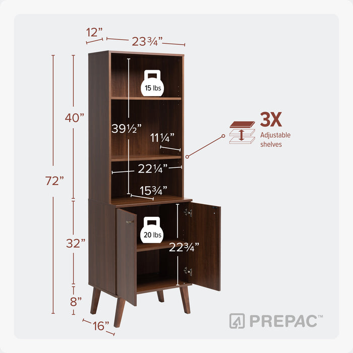 Milo Mid-Century Modern Tall Bookcase with Adjustable Shelves, 2 Doors & Brushed Brass-Finished Knobs - Cherry