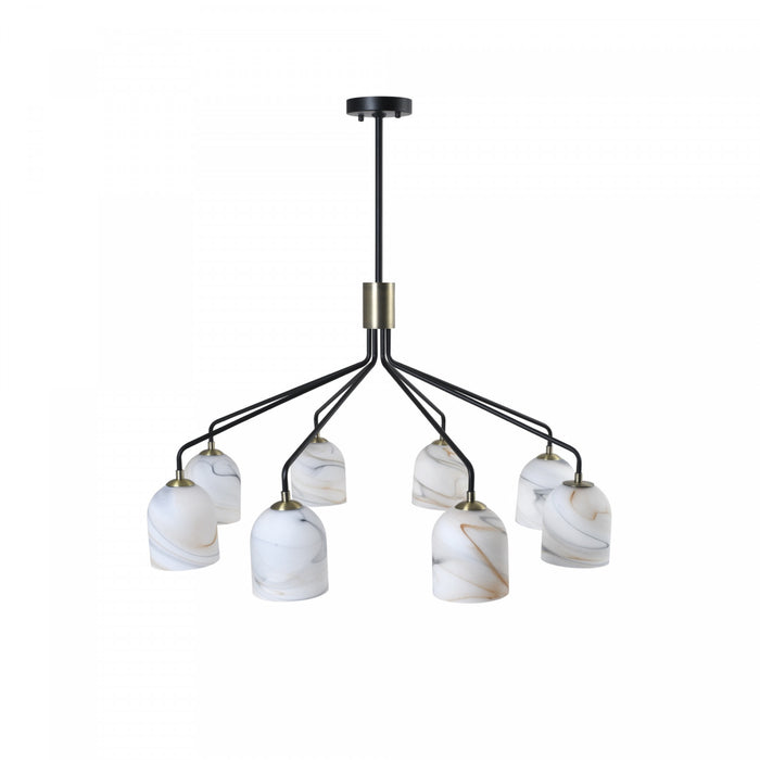 Crema 8 Light Chandelier 34.25\", Black, Brushed Brass With Alabaster Style Glass