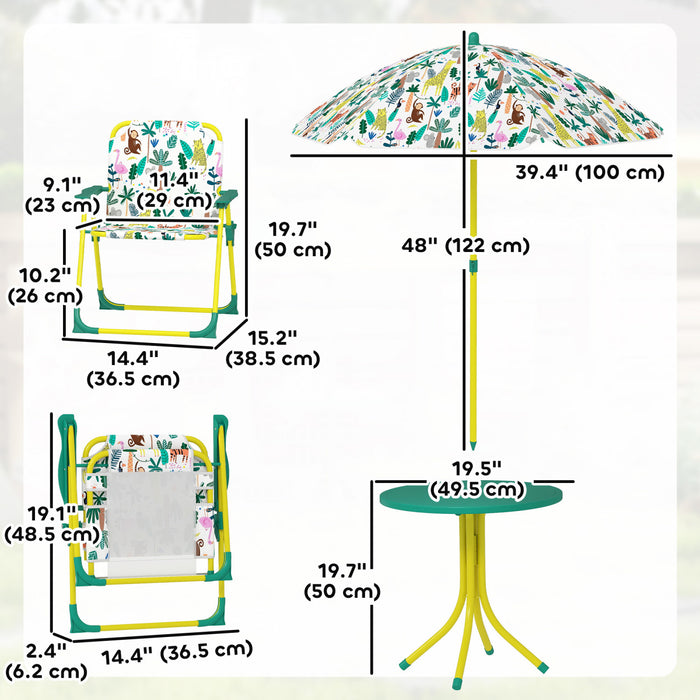 Qaba Kids Picnic Table, Kids Table and Chair Set with 2 Folding Chairs and Removable Umbrella, Jungle Theme Portable Children Outdoor Furniture for Backyard, Garden, Patio, Green