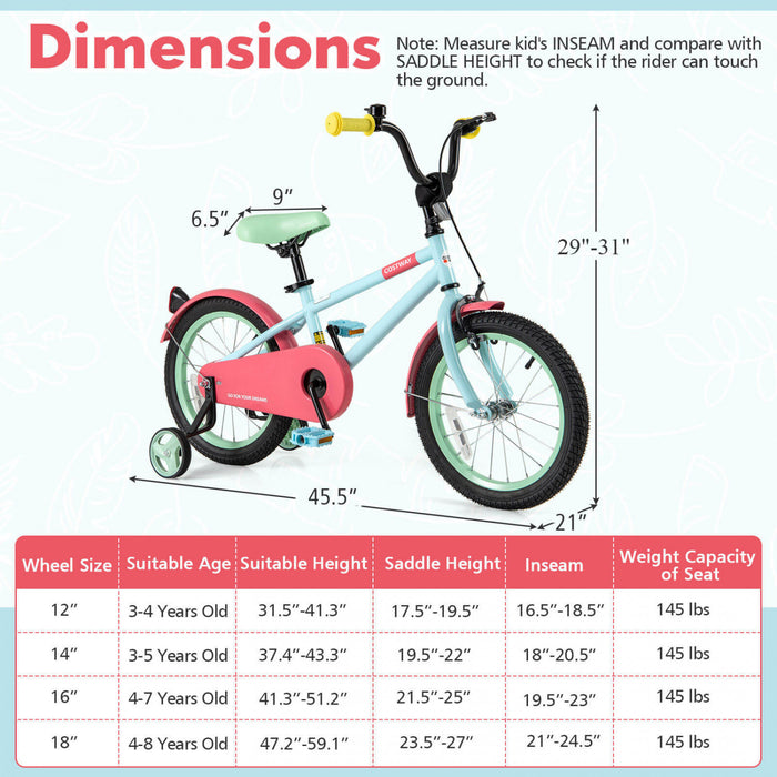 Costway 16\" Kids Bike With Adjustable Saddle Handlebar Removable Training Wheels Handbrake Red