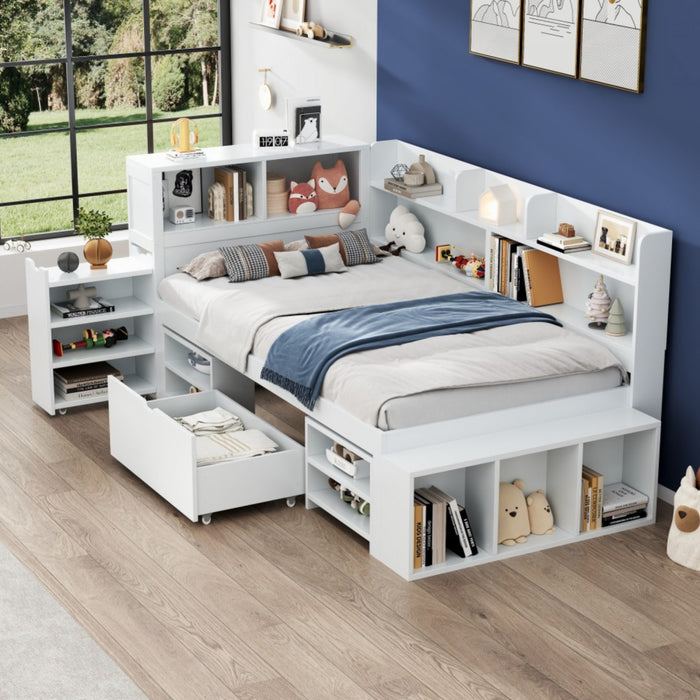 Ethan Multifunctional Daybed with Integrated Storage with Drawers and Bookcase,Twin Size,White Twin Bed