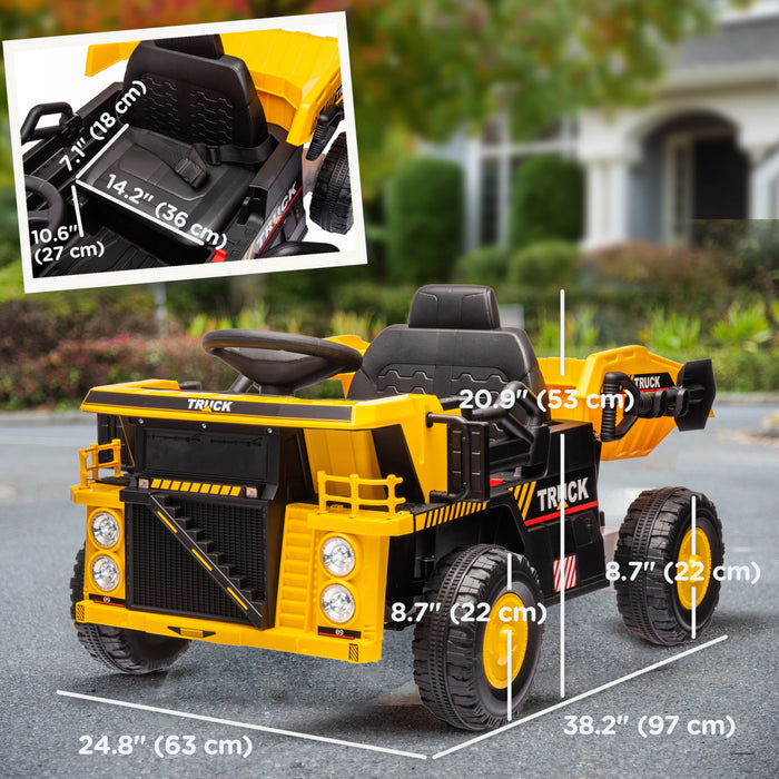 Qaba Kids Powered Ride-On Dump Truck, 12v Ride On Car Construction Vehicle With Electric Dump Bed, Shovel, Spring Suspension Wheels, Music Led Headlights For Aged 3-5 Years