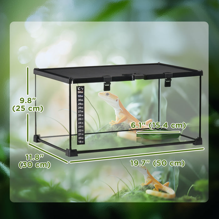 Pawhut Glass Reptile Terrarium, 20\"x12\"x10\"jumping Spider Enclosure With Thermometer, Water Basin, Full View Visually For Lizards, Horned Frogs, Snakes, Spiders - Black
